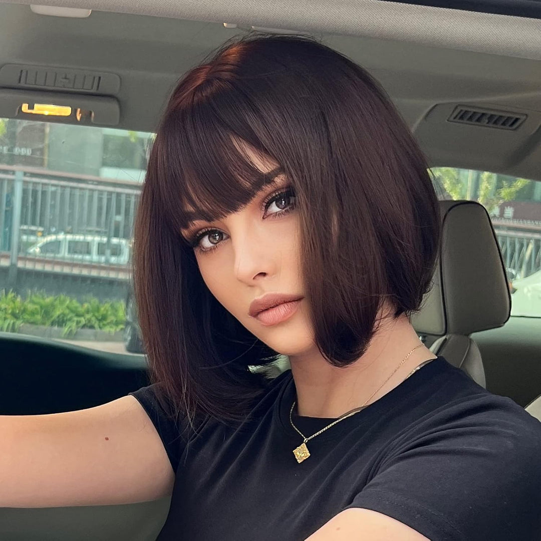 HAIRCUBE Gerade Kurze Charmante Bob mit Bangs Perücken für Frau Natur Hitzebeständige Synthetische F