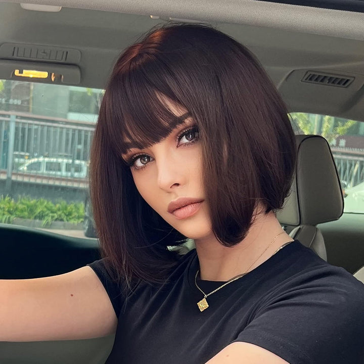 HAIRCUBE Gerade Kurze Charmante Bob mit Bangs Perücken für Frau Natur Hitzebeständige Synthetische F
