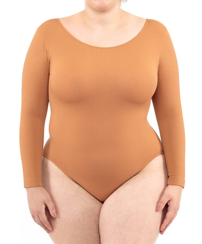 LEELA LAB Bodysuit Damen Grösse Grössen Langarm Gerippter Body, Verstellbarem Verschluss, Nahtloser