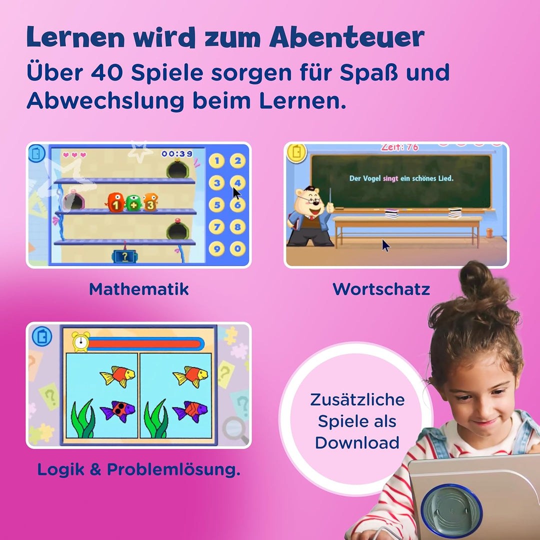 Vtech Genio Lernlaptop pink – Lerncomputer mit Internetzugang, Textprogramm und Lerninhalten zu Buch