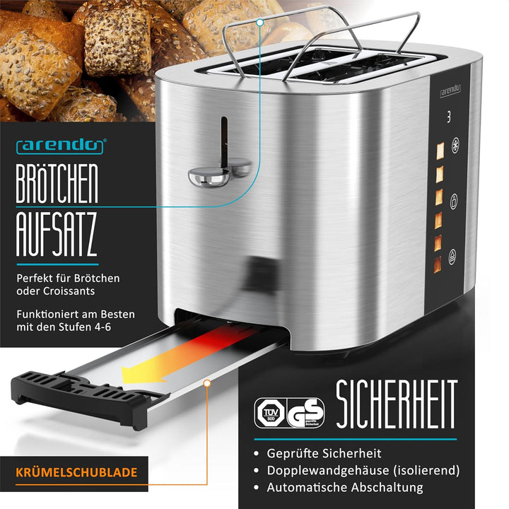 Arendo - Edelstahl Toaster 2 Scheiben - Touchscreen – Doppelwandgehäuse – 800 W – Integrierter Brötc