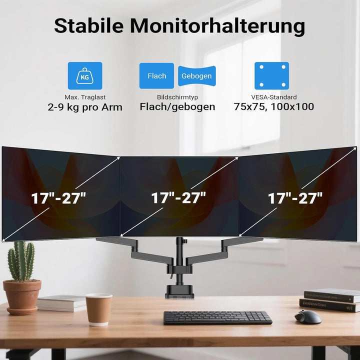 Wiltec Dreifach Monitorhalterung Schreibtisch mit 360° VESA-Platte, Bildschirmhalterung bis 9 kg pro