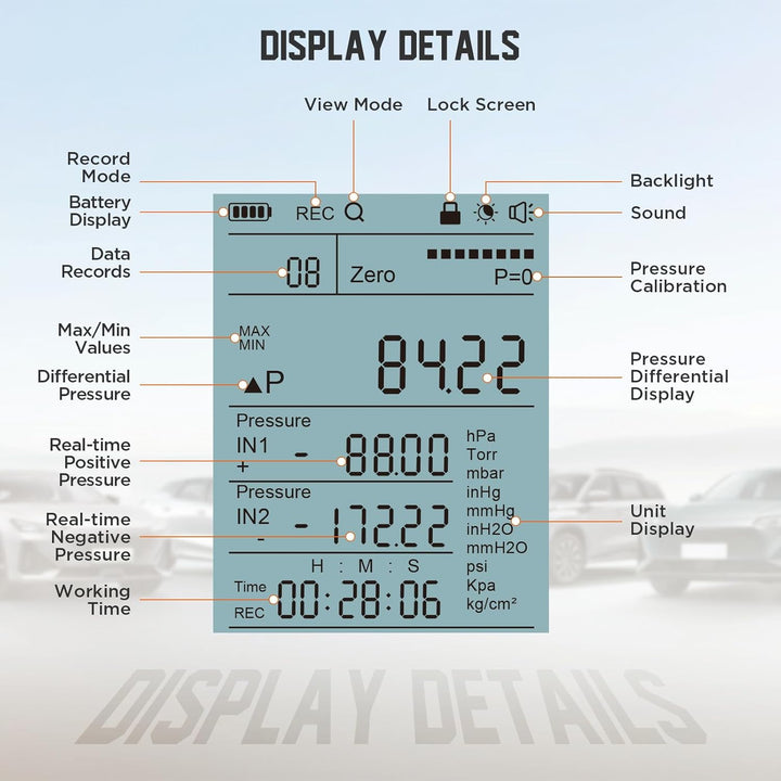 Digitales Manometer PT520,Manometer Wasser,Manometer Druckluft mit Hohem Genauigkeitswert, 10 Messwe
