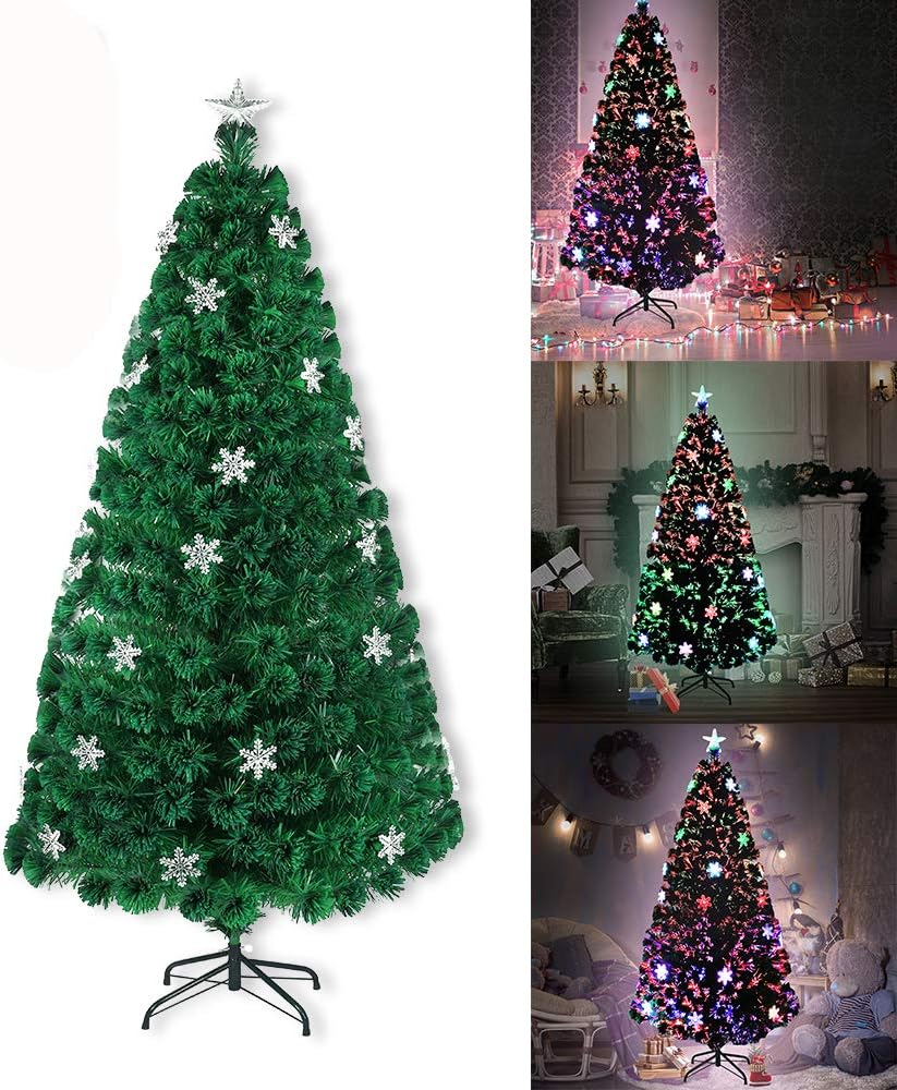 Aufun Weihnachtsbaum Künstlicher 120 cm mit LED Glasfaser und Schneeflocken Weihnachtsdeko Christbau