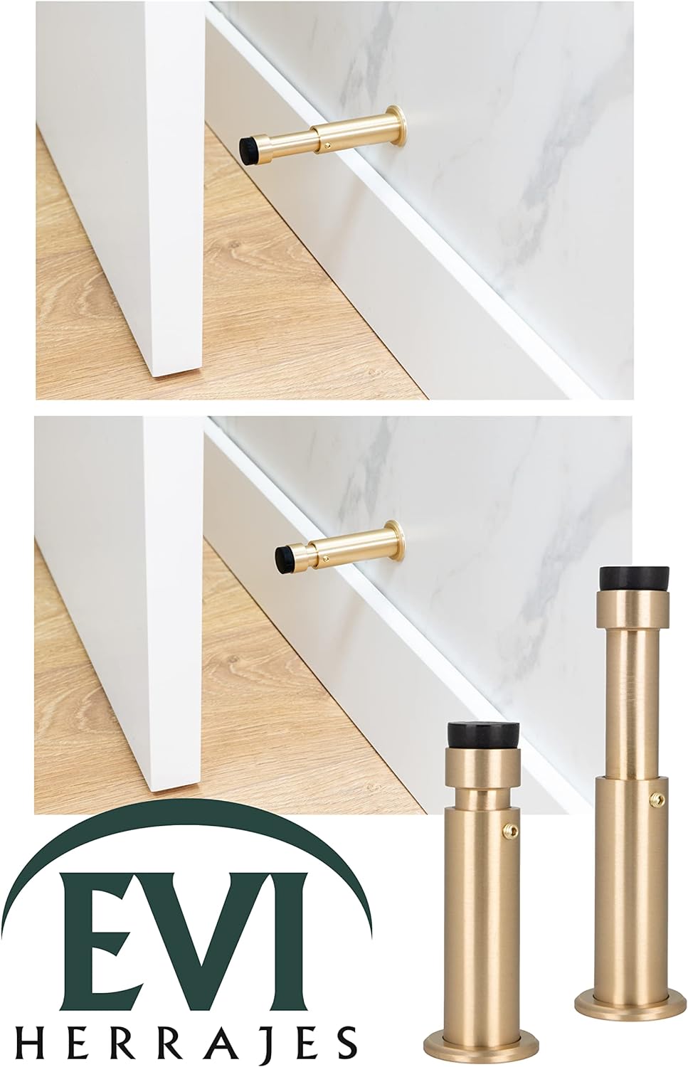 EVI HERRAJES Verstellbarer Türstopper aus Messing 88-120mm, Installation mit Schraubsockel (Messing