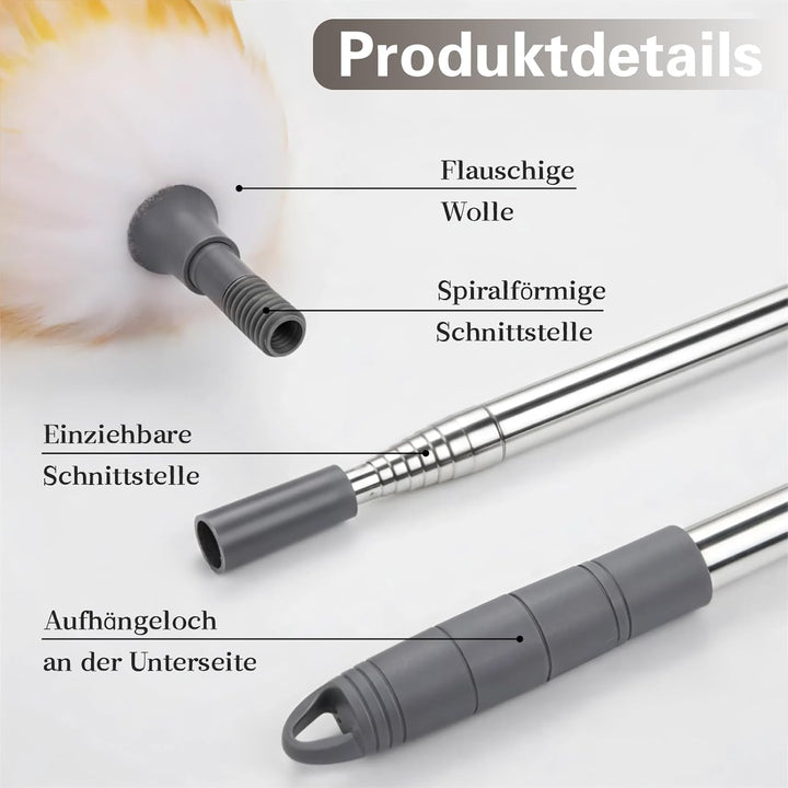 2 Stück Staubwedel Waschbar, 130 cm Staubwedel Lang Ausziehbar, Spinnwebenbesen mit Teleskopstiel, E