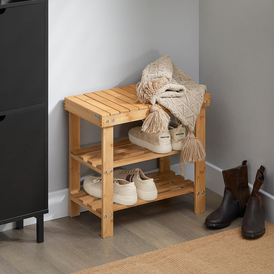 SoBuy Schuhregal aus Bambus Schuhbank mit Sitzfläche – Platzsparend, Belastbar bis 90kg, Mit Fussbod