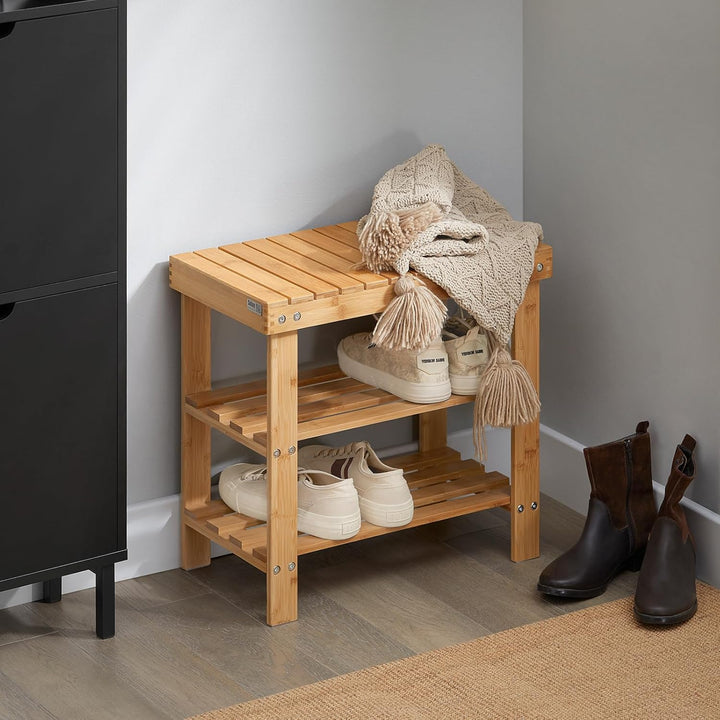 SoBuy Schuhregal aus Bambus Schuhbank mit Sitzfläche – Platzsparend, Belastbar bis 90kg, Mit Fussbod