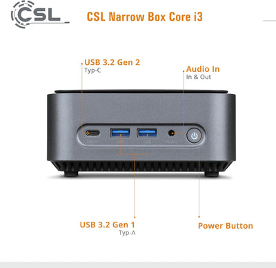 Mini PC CSL Narrow Box Core i3 Windows 11 Home, Intel Core i3-N305 8X 3800 MHz Turbotakt, 500 GB M.2