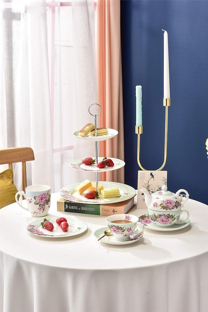 London Boutique Tea for one Teekanne Tasse Suacer Set Shaby Chic Flora Vogel Rose Schmetterling Porz