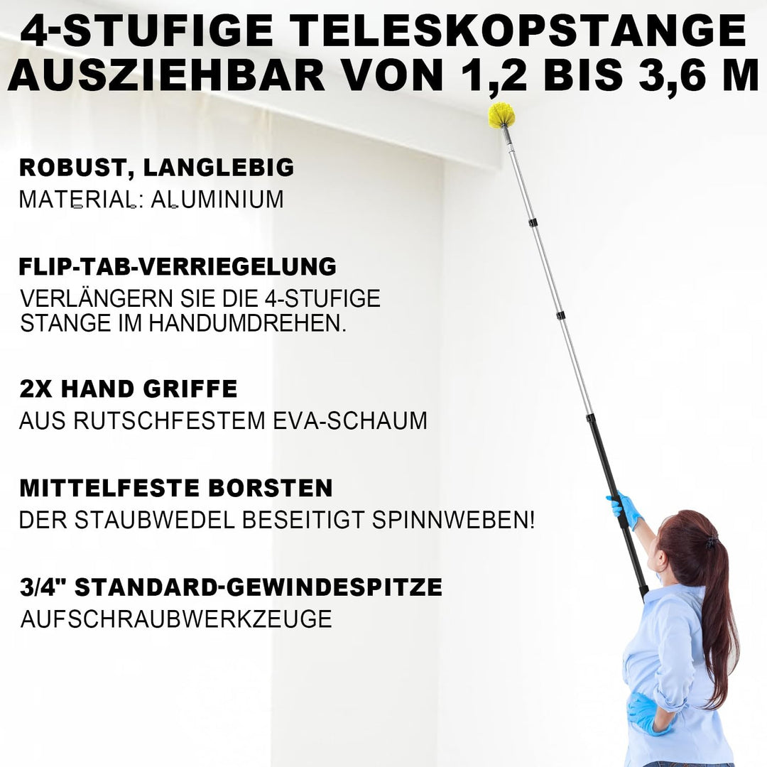 ARTIPOLY 3,6 m Staubwedel mit Teleskop Waschbar, 1,2–3,6 m Langer Staubwedel mit Borsten für die Rei