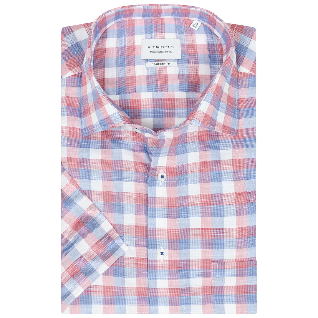 ETERNA Herren Businesshemd Kurzarm Comfort FIT | Uni | Bügelfrei | Kent Kragen 42 Rot-blau (50), 42