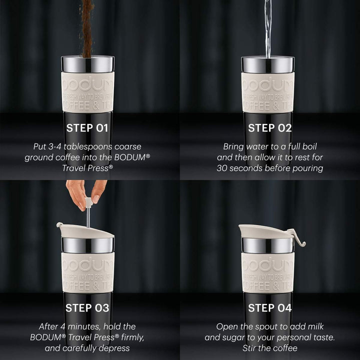 Bodum TRAVEL PRESS Kaffeebereiter (French Press System, Doppelwandig, 0,35 liters) cremefarben, Crem