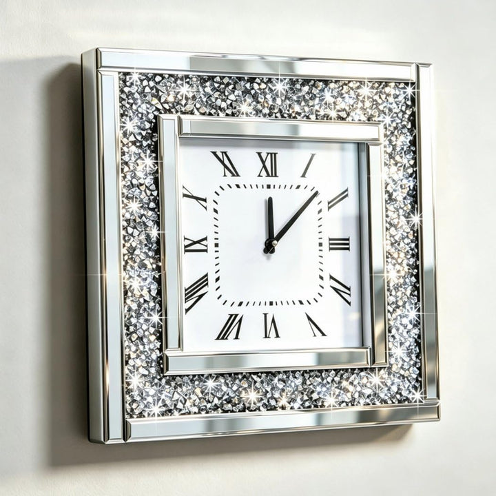 Silberne quadratische Spiegeluhr, Kristall-Glitzer, glitzernd, zerkleinerter Diamant, verspiegelt, g