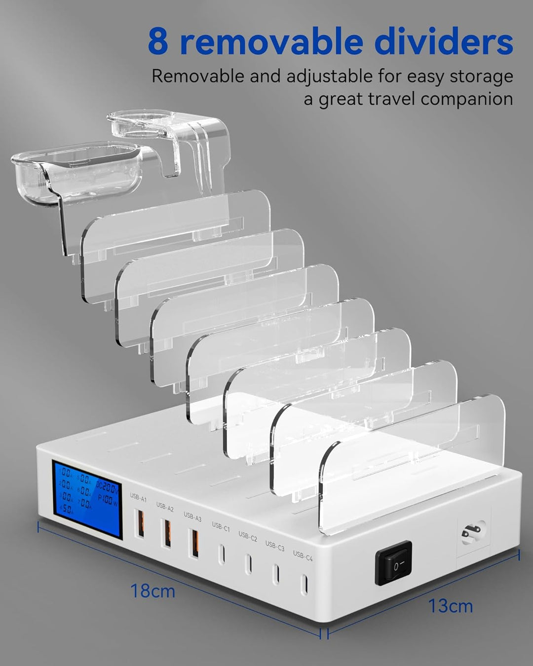 Ladestation Mehrere Geräte, 245W 7-Port-Handy Ladestation mit LCD-Anzeige, 100W PD USB C Schnelllade