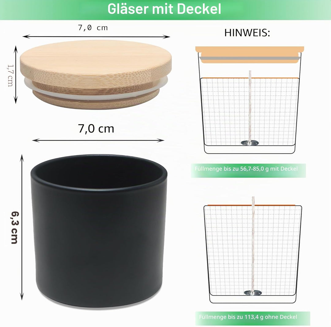 MILIVIXAY 20 Stück 118 g mattschwarze Glaskerzengläser mit Deckel und Kerzenherstellungs-Kits – Gros