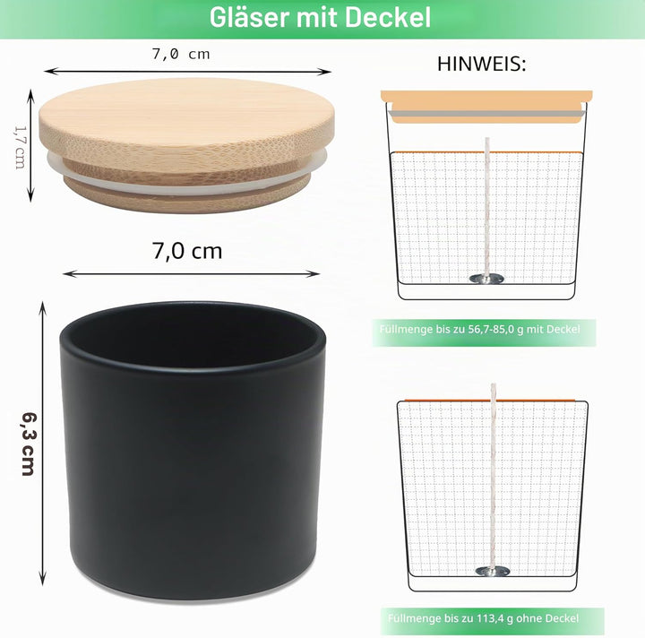 MILIVIXAY 20 Stück 118 g mattschwarze Glaskerzengläser mit Deckel und Kerzenherstellungs-Kits – Gros