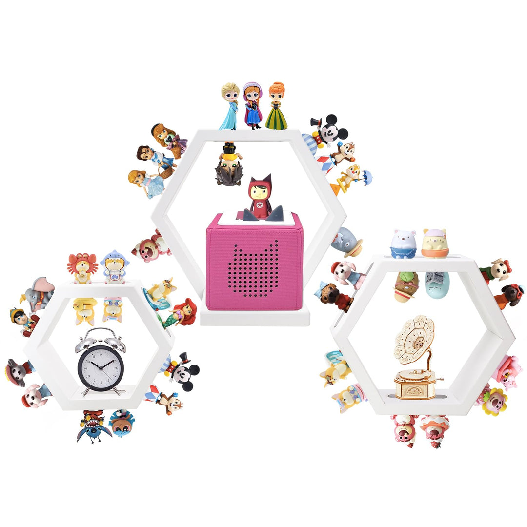 Givilio Tonie Shellf Hexagon for Toniebox Starter Tonie Wall Mounted Set of 3, Magnetic Wooden Float