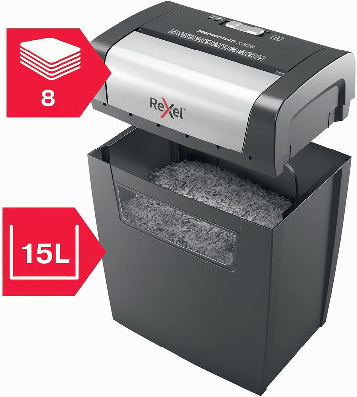 Rexel Aktenvernichter Momentum X308, Partikelschnitt, 9-8 Blatt A4 (70-80 g/m²) Kapazität, Sicherhei
