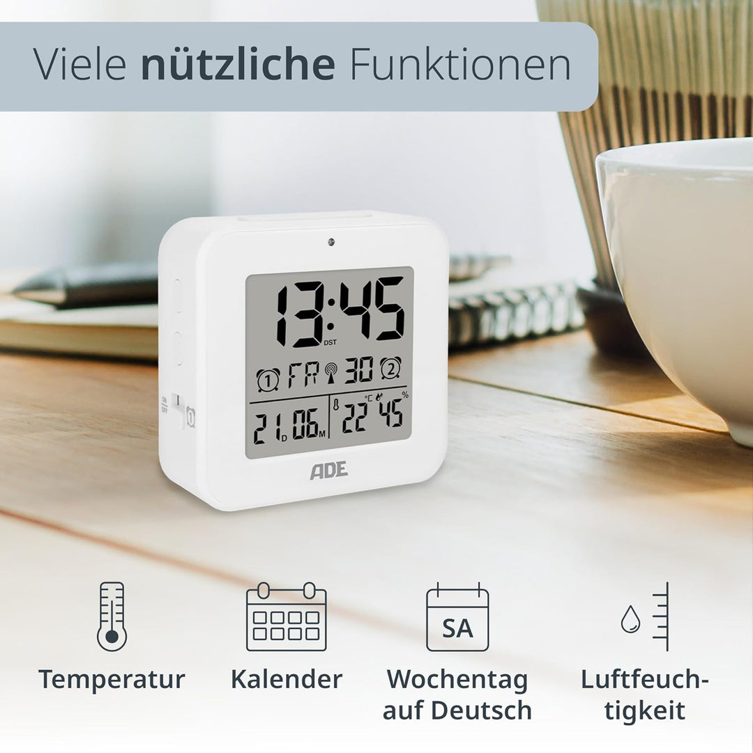 ADE Funkwecker digital mit Batterie | 2 Weckzeiten | Temperaturanzeige | Luftfeuchtigkeit | Reisewec