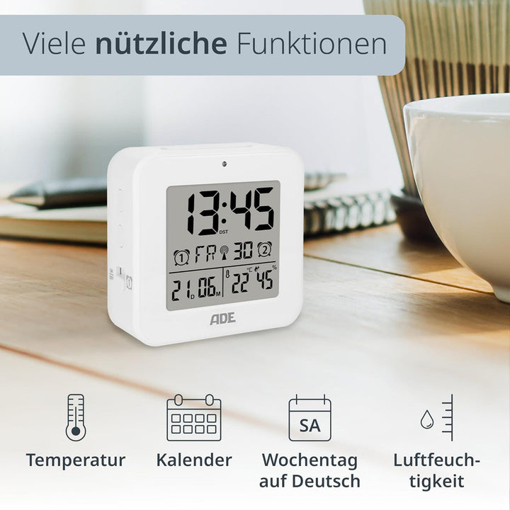 ADE Funkwecker digital mit Batterie | 2 Weckzeiten | Temperaturanzeige | Luftfeuchtigkeit | Reisewec