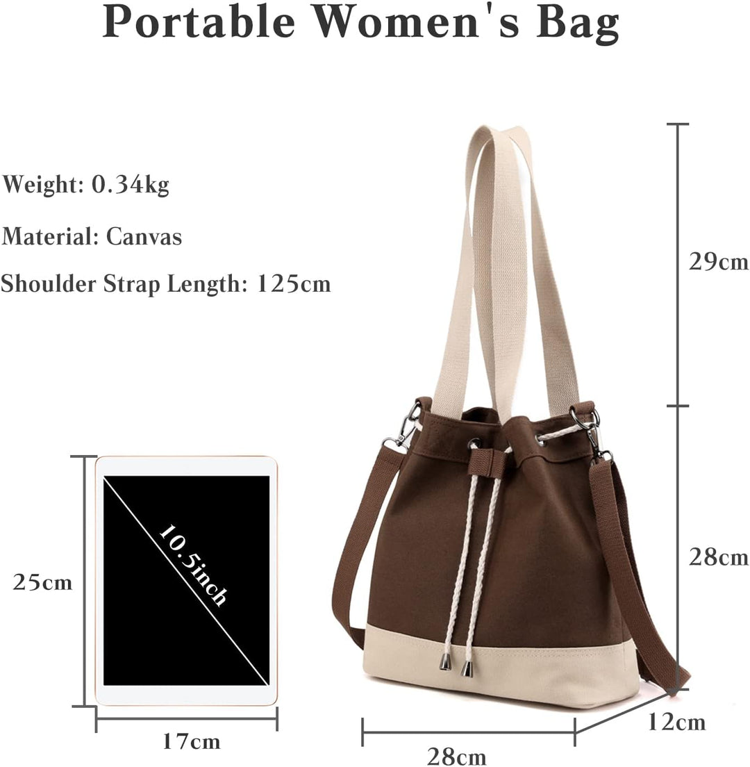 PORRASSO Damen Schultertasche Canvas Tote Umhängentasche Kordelzug Beuteltasche Mädchen Handtasche C