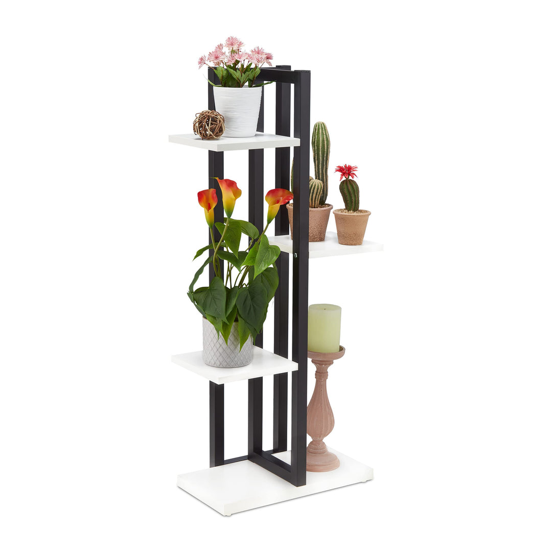 Relaxdays Blumenregal Metall, 4-stufige Indoor Blumentreppe, Holzoptik, HxBxT: 93 x 42,5 x 22,5 cm,