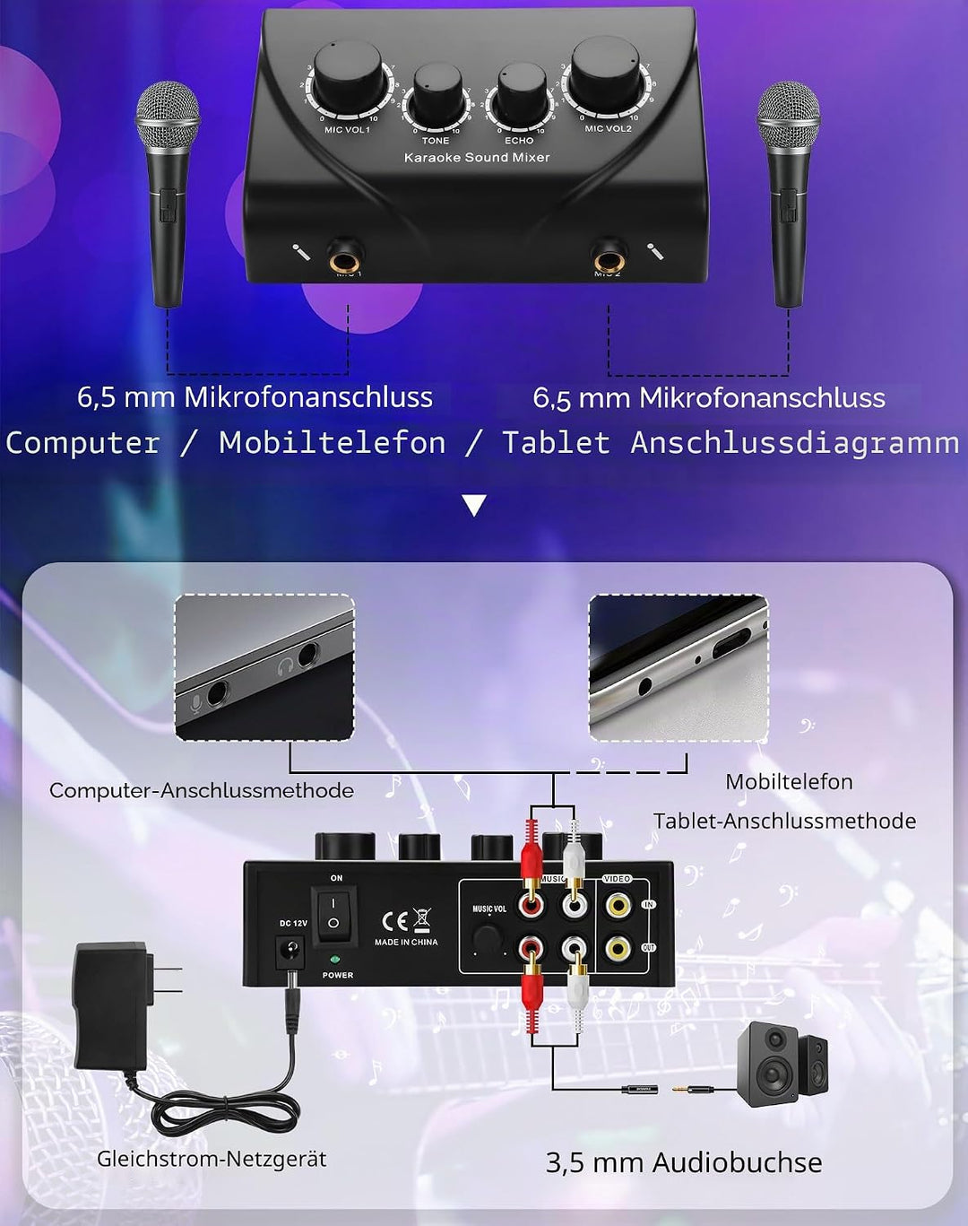 CERRXIAN Karaoke-Soundmixer, zwei Mikrofonanschlüsse mit Echo-Regler, kompatibel mit Fernseher, Comp