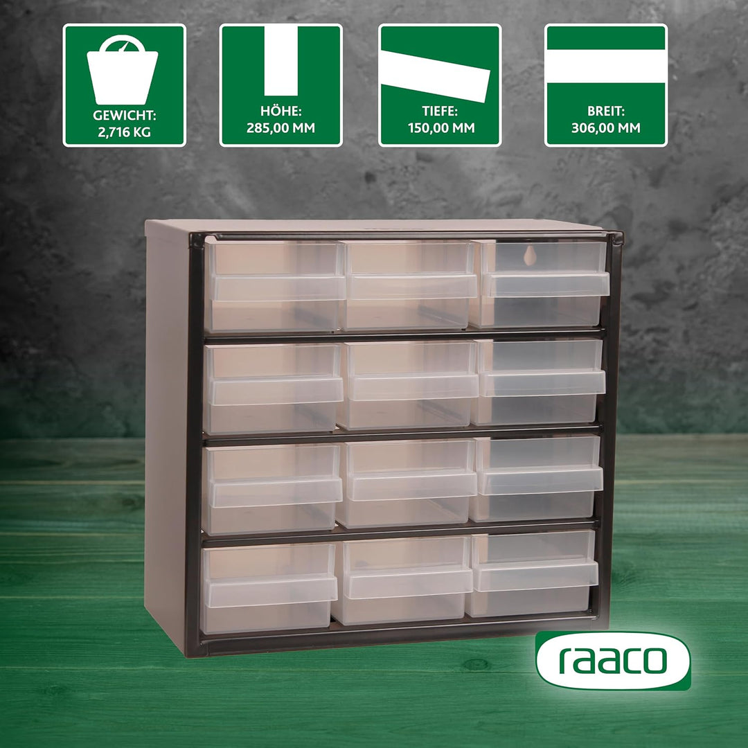Raaco Kleinteilemagazin C6-12, 13 kg Last, 15 x 30,6 x 28,3 cm, 12 Schubladen, beschichteter Stahl,