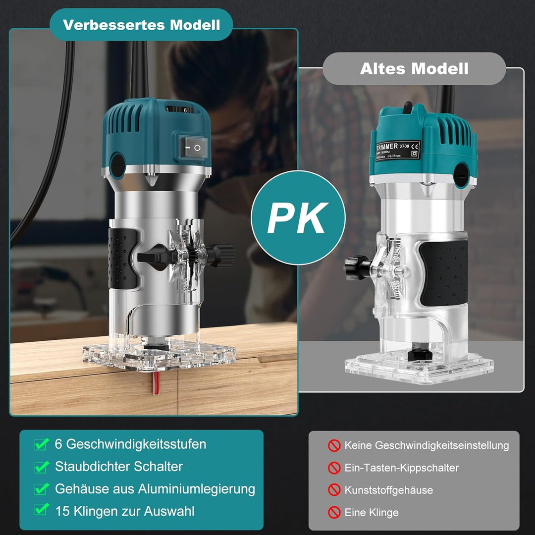 Einhandfräse 800W, 30000 U/min Holzfräse Oberfräse, 6,35mm Durchmesser, Hand Fräsmaschine mit 6 Vari