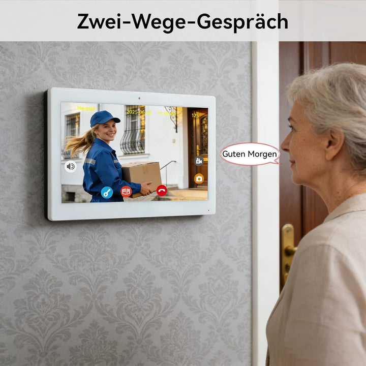 Video-Türsprechanlagen 1080P, 10.1 Zoll Farb Touchscreen Monitor, 2-Draht VideoTürklingel, Zwei-Wege