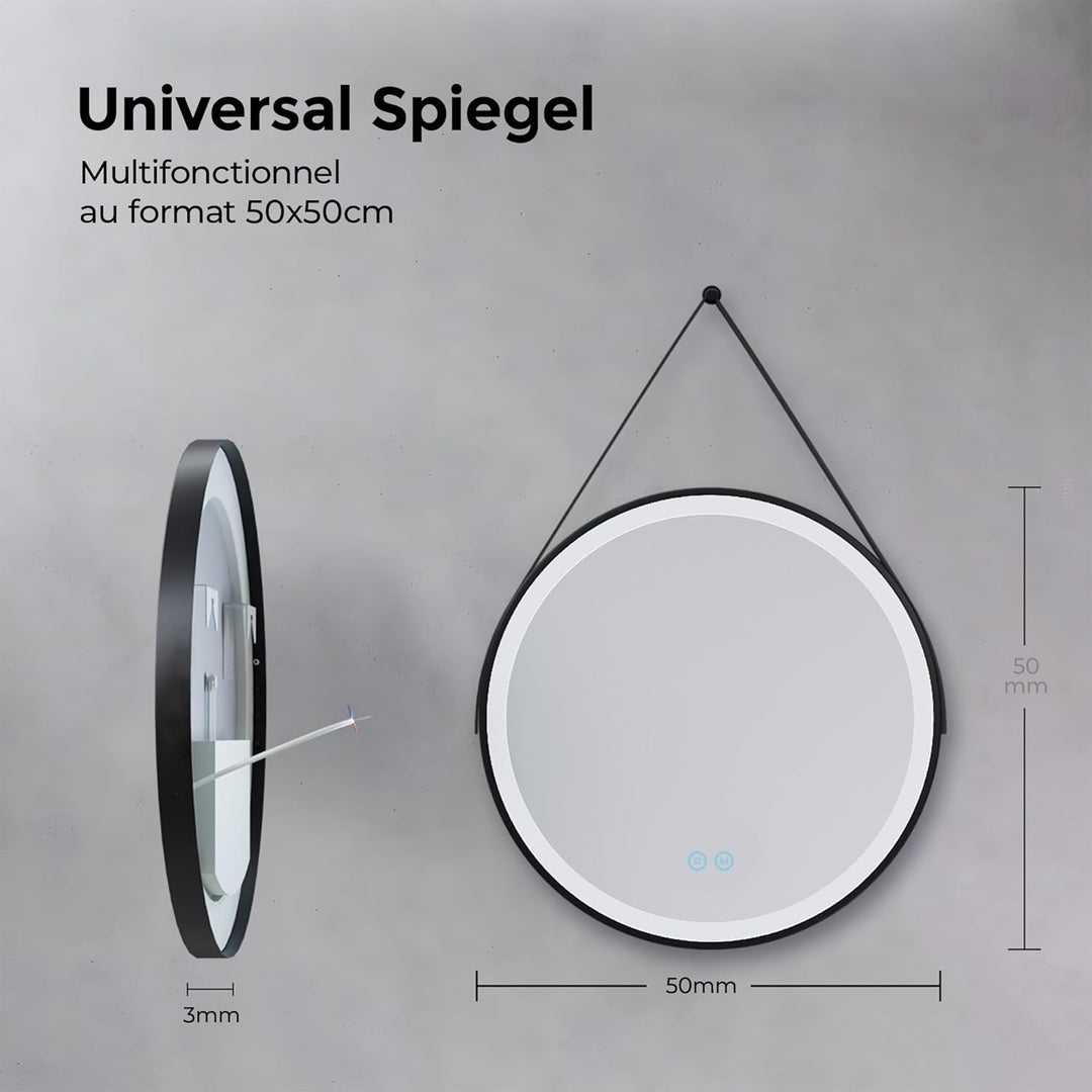 Heilmetz Badspiegel mit Beleuchtung Rund 50cm, LED Badezimmerspiegel mit Licht, 3 Lichtfarben Dimmba