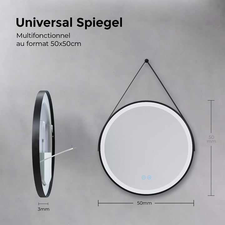 Heilmetz Badspiegel mit Beleuchtung Rund 50cm, LED Badezimmerspiegel mit Licht, 3 Lichtfarben Dimmba