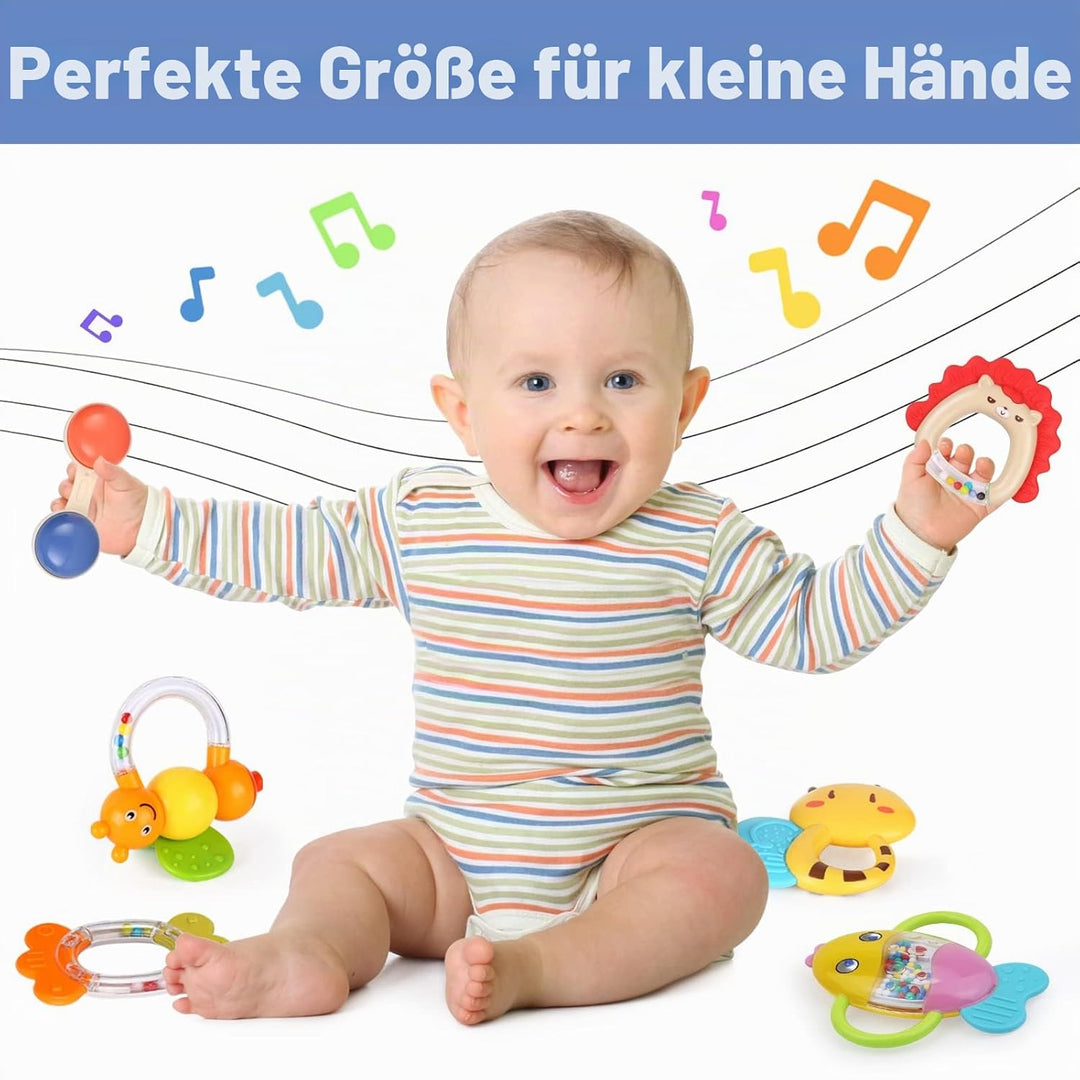 MOONTOY Baby Rassel BeissRing Set Baby Spielzeug ab 0 1 2 3 4 5 6 7 8 9 10 11 12 Monate, 9PCS Shaker