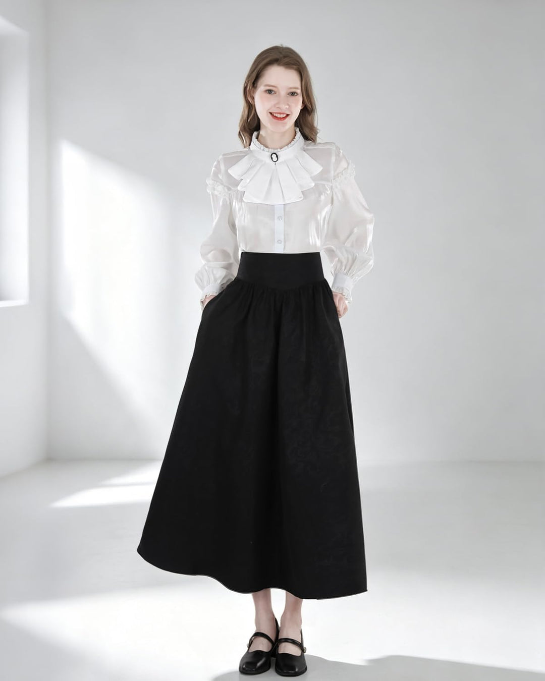 Damen Viktorianisch Bluse Vintage Schleifenhemd Stehkragen mit Ruff Langarmshirt Mittelalter Bluse L