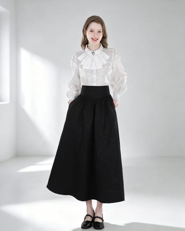 Damen Viktorianisch Bluse Vintage Schleifenhemd Stehkragen mit Ruff Langarmshirt Mittelalter Bluse L