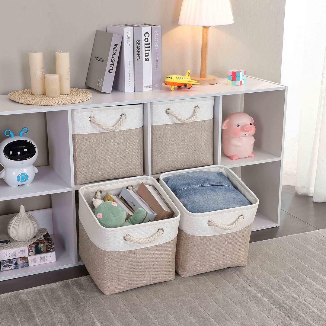 Mangata Aufbewahrungsbox Stoff, aufbewahrungskorb Helles Khaki Weiss, Korbe Stoff in Würfel (25x25x2