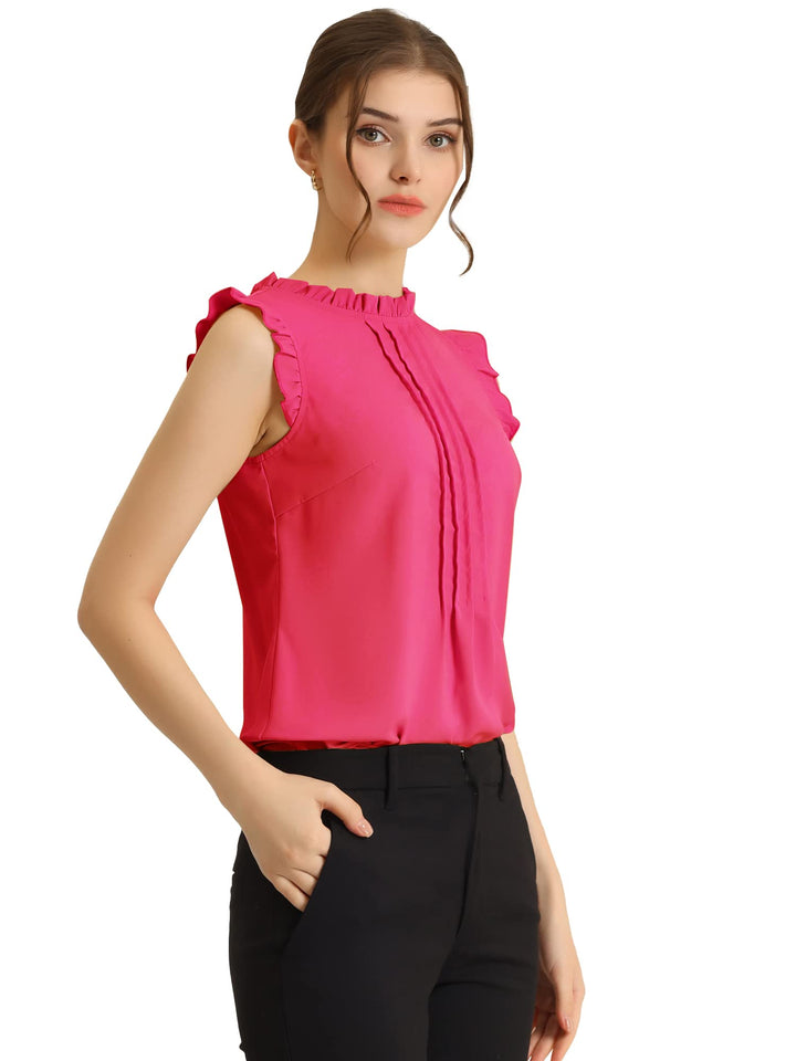 Allegra K Damen Plissee Oberteil Ärmellos Shirt Rundhals Elegante Rüschen Top Bluse XS Rosa, XS Rosa