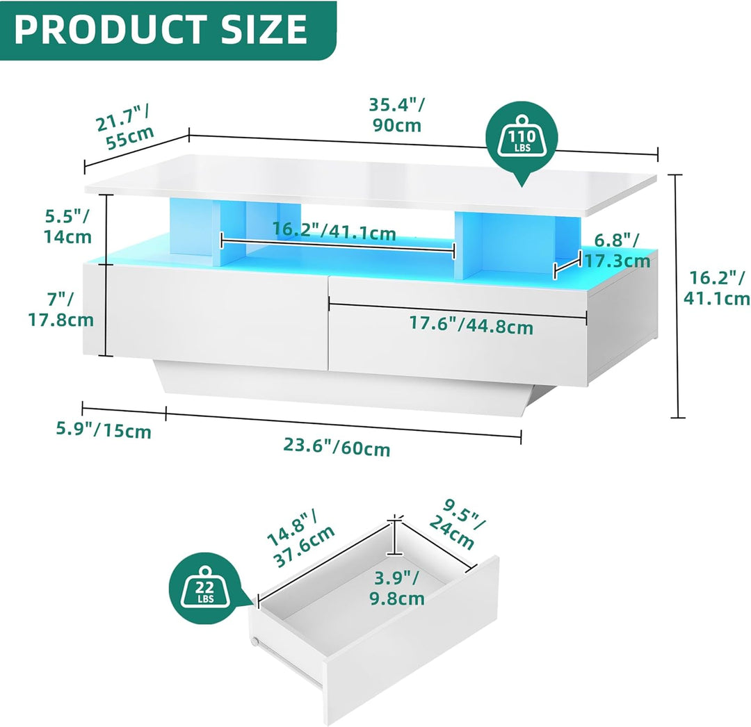 YITAHOME Couchtisch Weiss, Wohnzimmertisch Hochglanz mit 16-Farbiger LED Beleuchtung Modern, Beistel