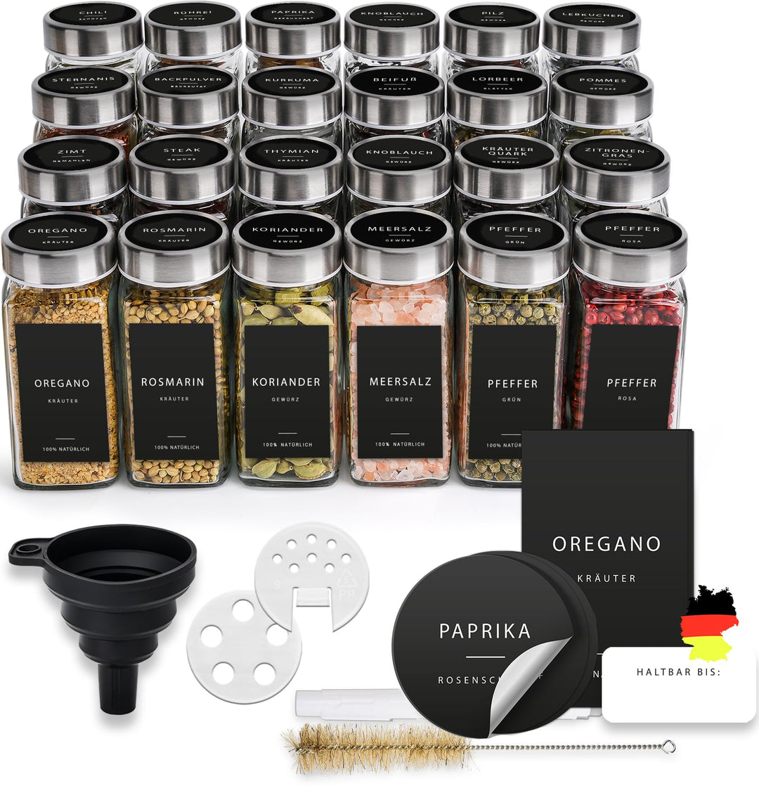 Gewürzgläser Eckig [24 x 120 ml] Gewürzbehälter mit 301 Etiketten, Edelstahldeckeln | Gewürzdosen Se