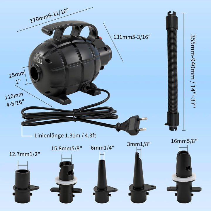 Elektrische Luftpumpe für Luftmatratze, 600W Luftpumpe Luftmatratze mit 5 Düsen, Airtrack Pumpe Elek