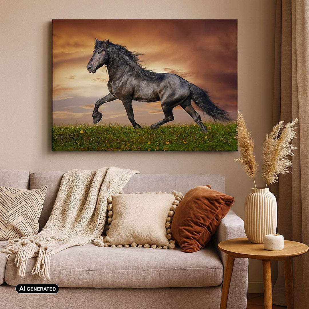 Bilder auf Leinwand 100x70cm Leinwandbild mit Rahmen Pferd Tier Wiese Gross Wanddeko Bild Schlafzimm