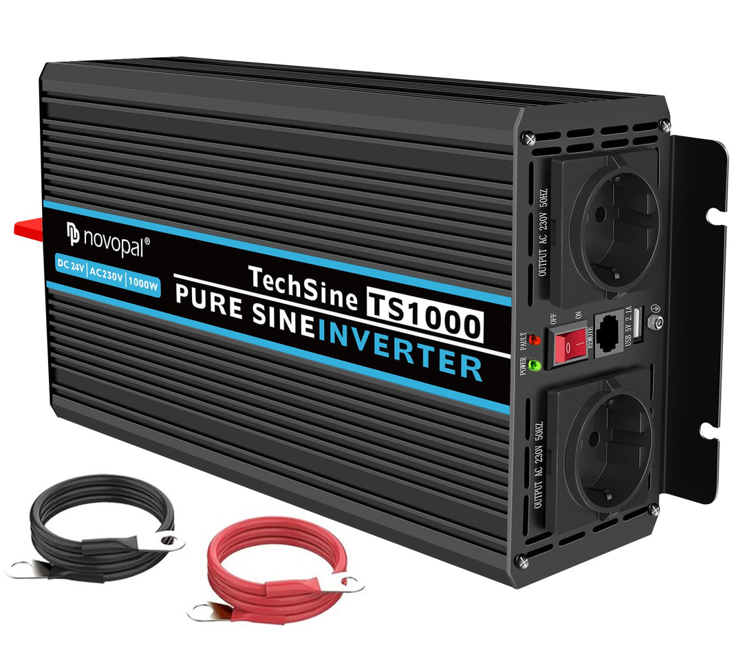 novopal 1000W Wechselrichter 24v Auf 230v Reiner Sinus Spannungswandler mit 2 EU-Steckdose und Einer
