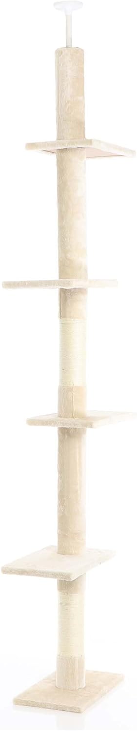 Fudajo Kratzbaum deckenhoch 230–276 cm in Beige, Katzenkratzbaum mit 4 Ebenen, Katzenbaum Deckenspan