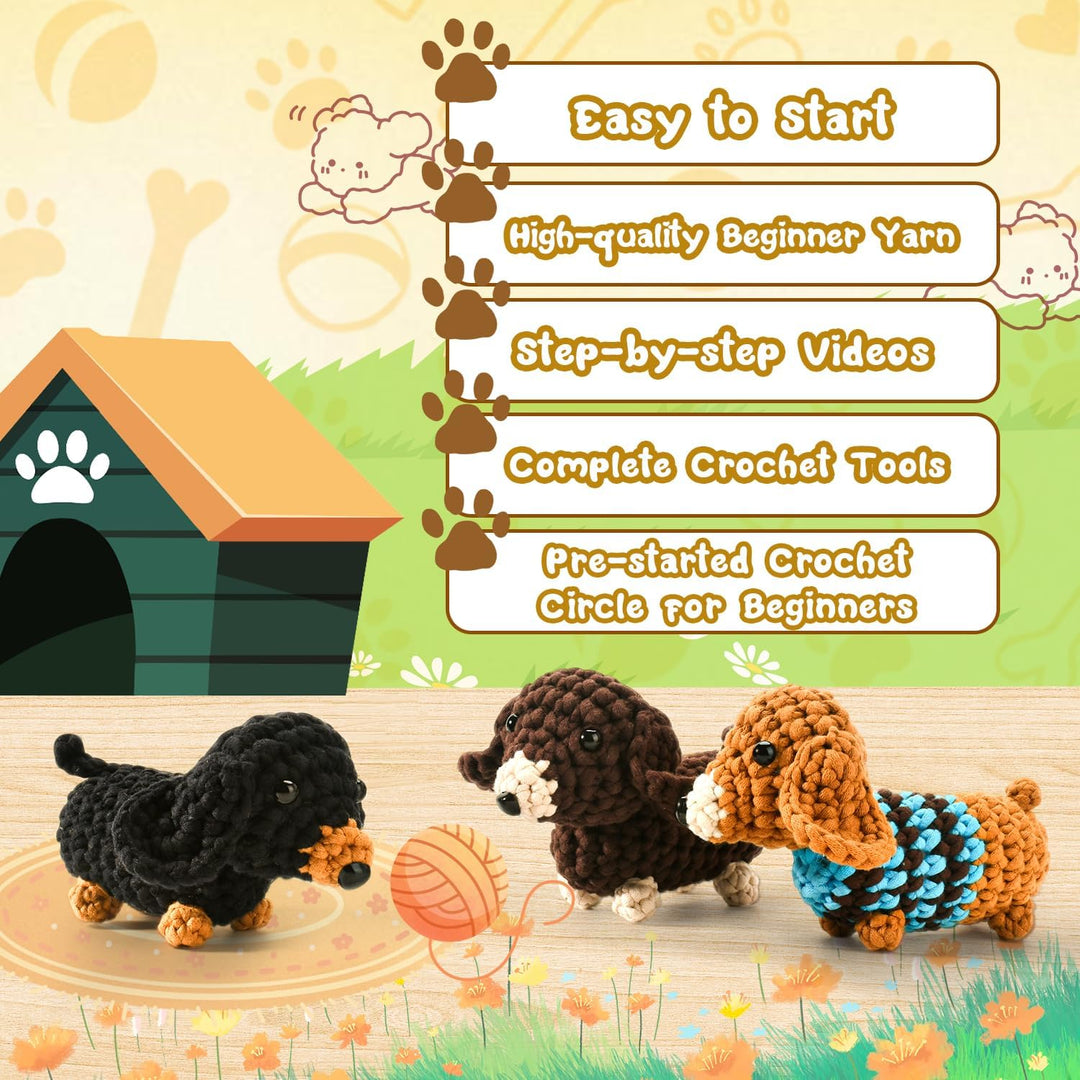Häkelset für Anfänger, Amigurumi Dachshund Häkelset Tiere Crochet Kit, Alles in Einem Häkeln für Anf