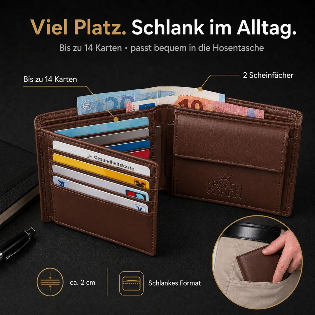 Kronenschein® Geldbörse Herren Leder mit RFID Schutz I Echtleder Portemonnaie gross I Geldbeutel für