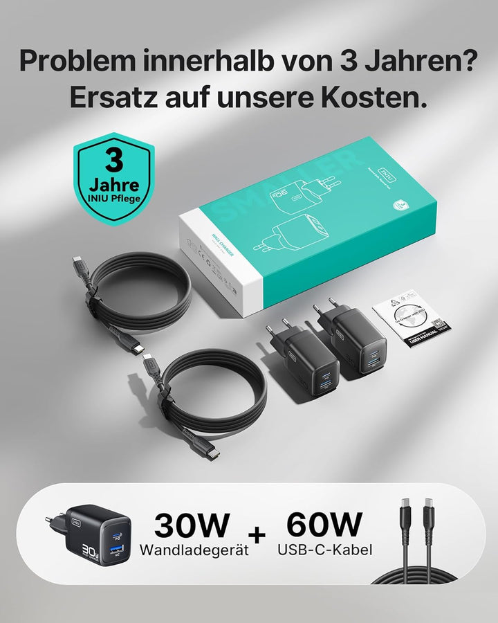 INIU 30W USB C Ladegerät, 2-Pack [USBC + USBA] Schnellladegerät mit Kabel & INIU Power Bank, 22.5W F