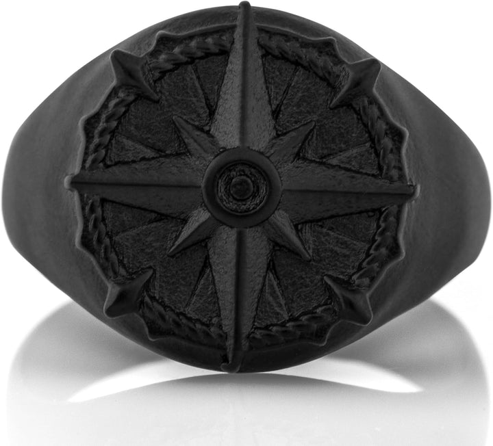 Akitsune Guidance Ring | Kompass Karte Nord Nautisch Ring Herren Edelstahl Designer Mattschwarz 54 (