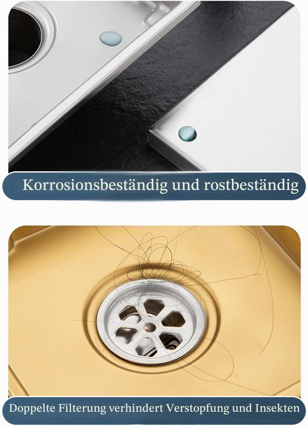 Duschrinne Quadratisch Edelstahl Bodenablauf,15x15 cm Gold Bodenablauf Dusche,Haarfilter 2 in1 Befli