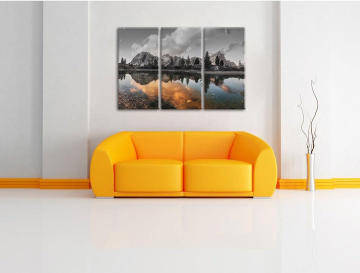 Pixxprint Bunte Dolomiten am See Limides B&W Detail 3-Teiler Leinwandbild 120x80 Bild auf Leinwand